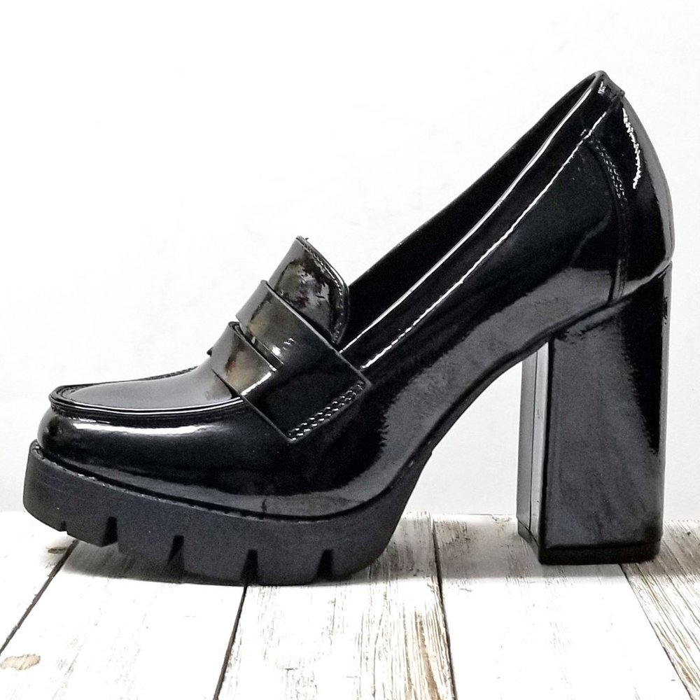 New Black Patent Platform Chunky High Heel Penny Loafers Size 5.5 - Picture 2 of 5
